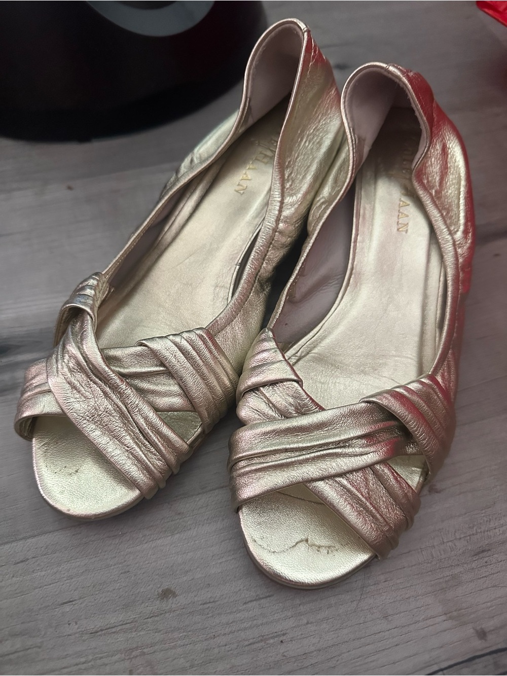 Gold Leather Peep-Toe Flats - Unbranded